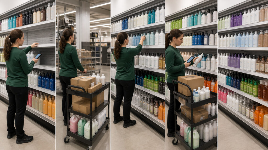 Editorial business scene illustrating retail display shelving workflow role