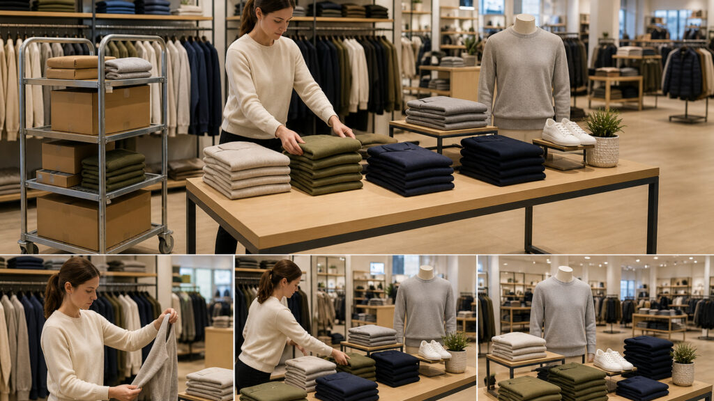Editorial business scene illustrating retail display tables data flow