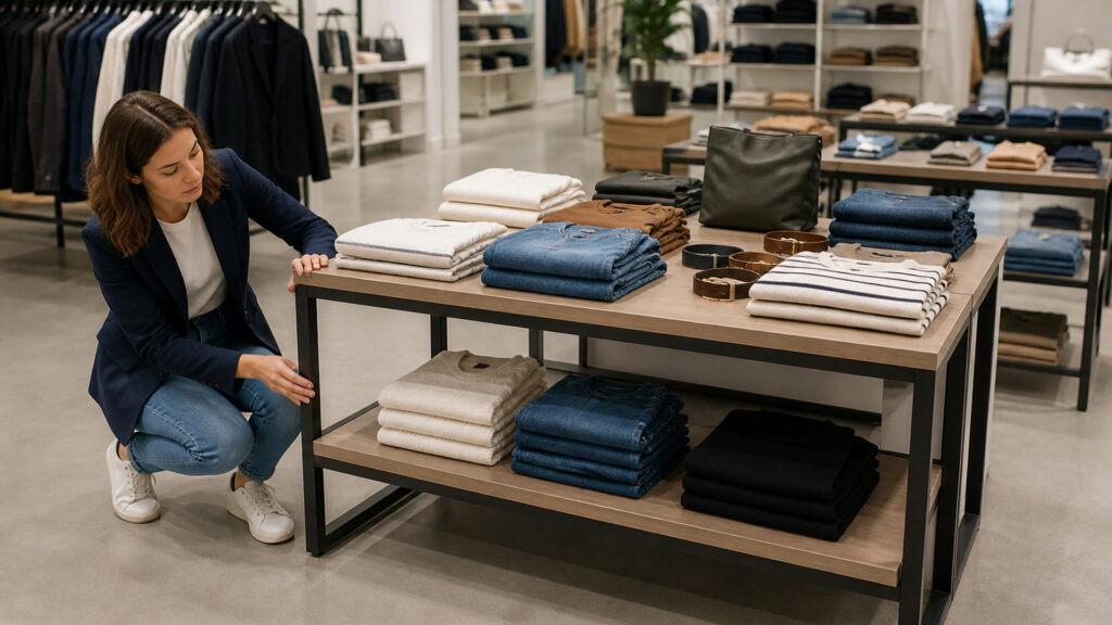 Editorial business scene illustrating retail display tables operating model