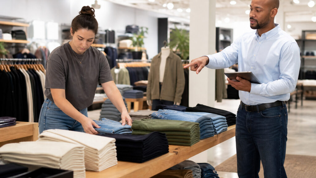 Editorial business scene illustrating retail display tables permission structure