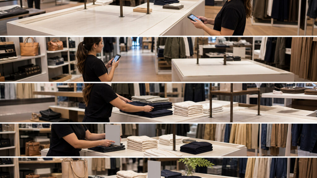 Editorial business scene illustrating retail display tables workflow role