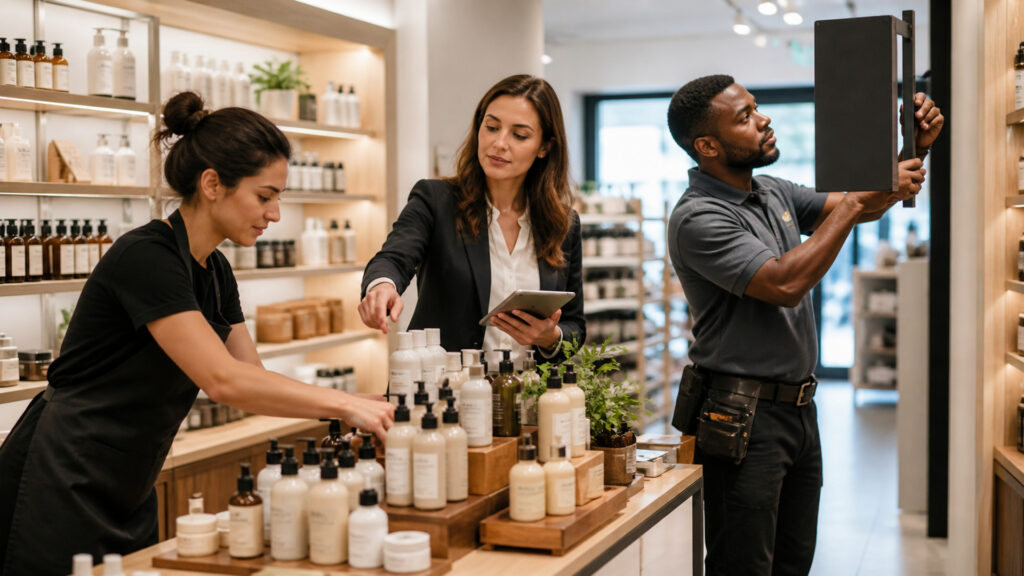 Editorial business scene illustrating retail displays permission structure