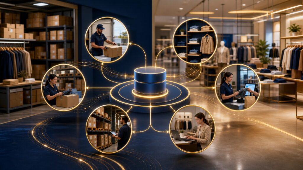 Editorial business scene illustrating retail inventory management software data flow
