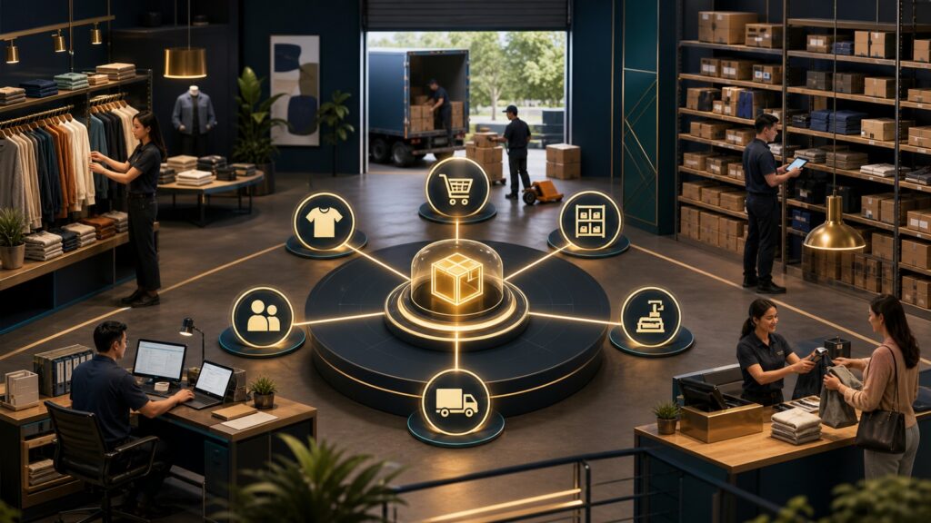 Editorial business scene illustrating retail inventory management software operating model