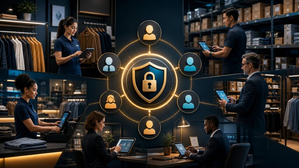 Editorial business scene illustrating retail inventory management software permission structure