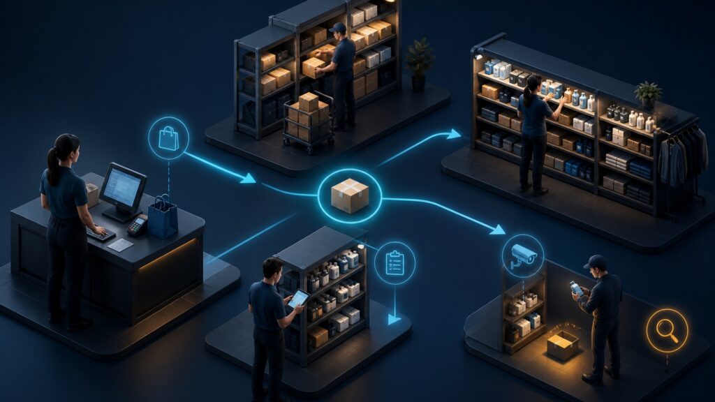 Editorial business scene illustrating retail inventory management software workflow role