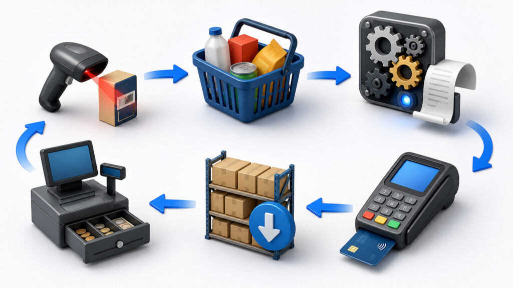 Editorial business scene illustrating retail pos systems data flow