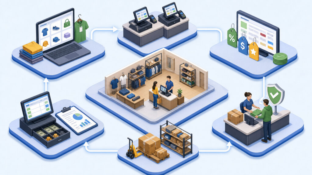 Editorial business scene illustrating retail pos systems operating model