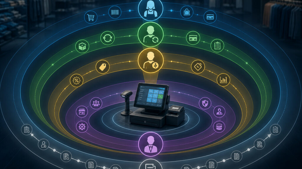 Editorial business scene illustrating retail pos systems permission structure
