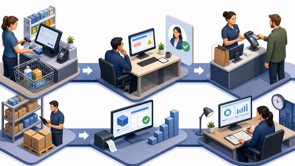 Editorial business scene illustrating retail pos systems workflow role