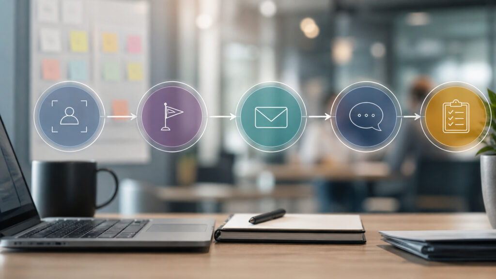 Editorial business scene illustrating sales automation software data flow