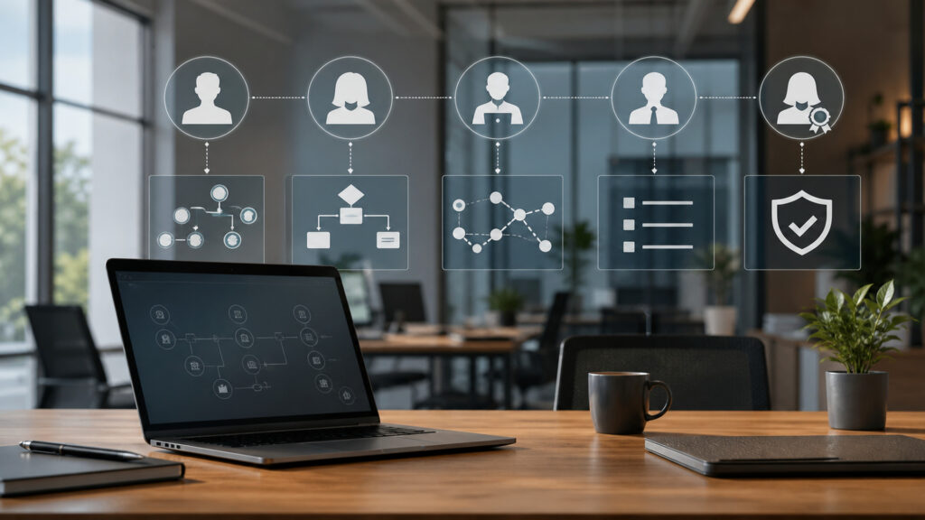 Editorial business scene illustrating sales automation software permission structure