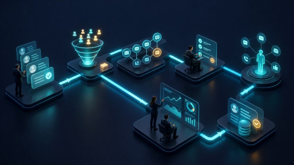Editorial business scene illustrating sales engagement platforms data flow