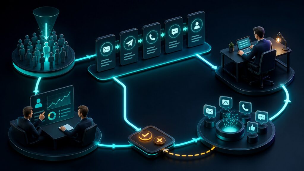 Editorial business scene illustrating sales engagement platforms operating model