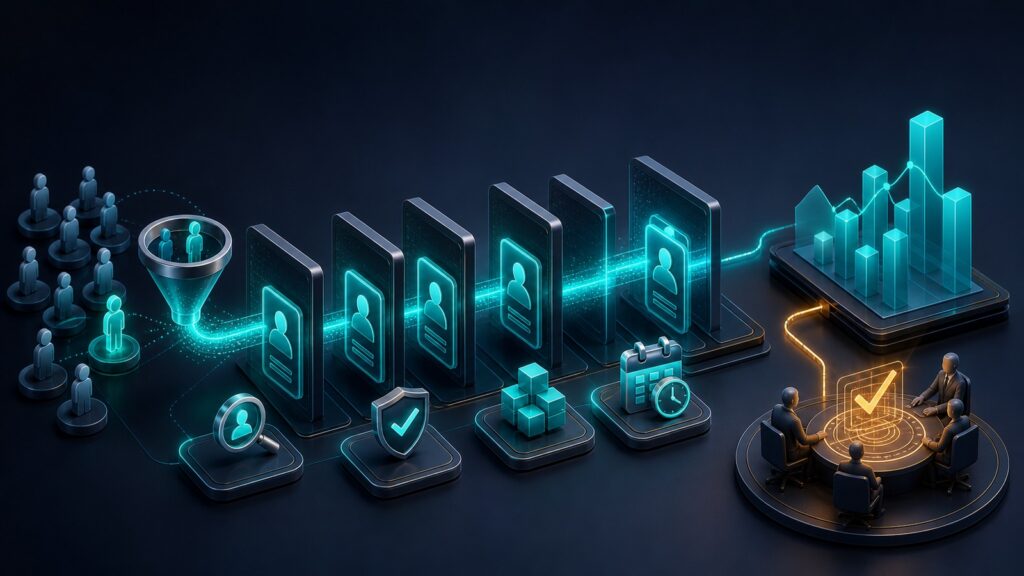 Editorial business scene illustrating sales pipeline software data flow