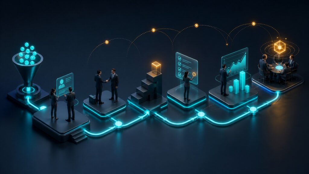 Editorial business scene illustrating sales pipeline software workflow role