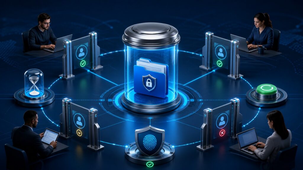 Editorial business scene illustrating secure file sharing platforms permission structure