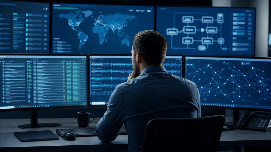 Editorial business scene illustrating security audit trails