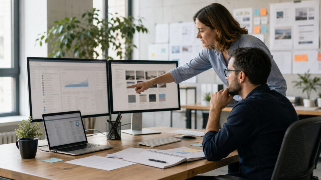 Editorial business scene illustrating seo services data flow