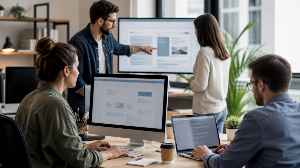 Editorial business scene illustrating seo services workflow role