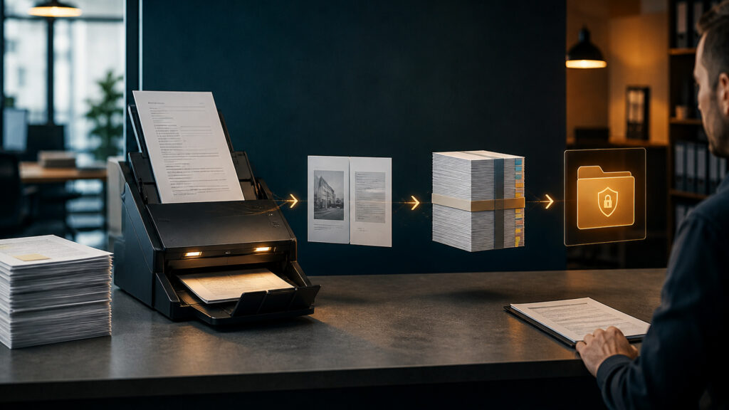 Editorial business scene illustrating sheetfed document scanners data flow