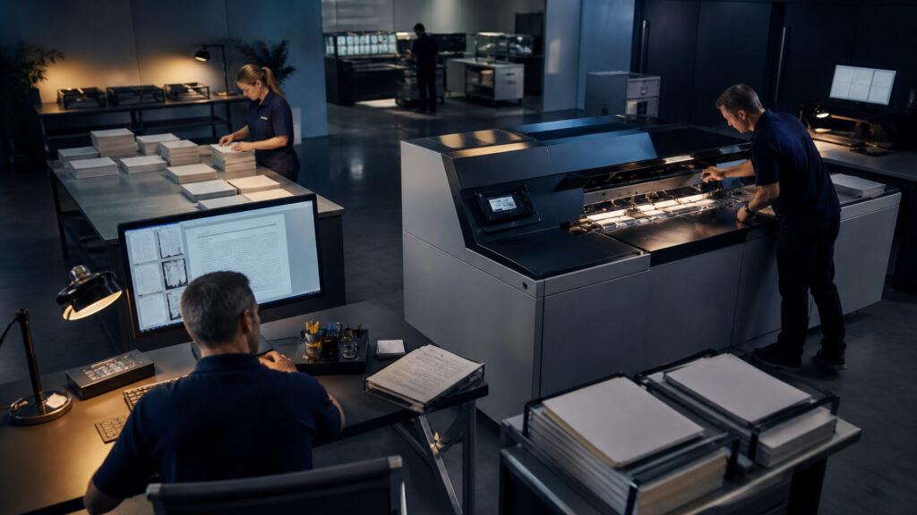 Editorial business scene illustrating sheetfed document scanners operating model