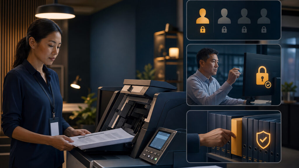 Editorial business scene illustrating sheetfed document scanners permission structure