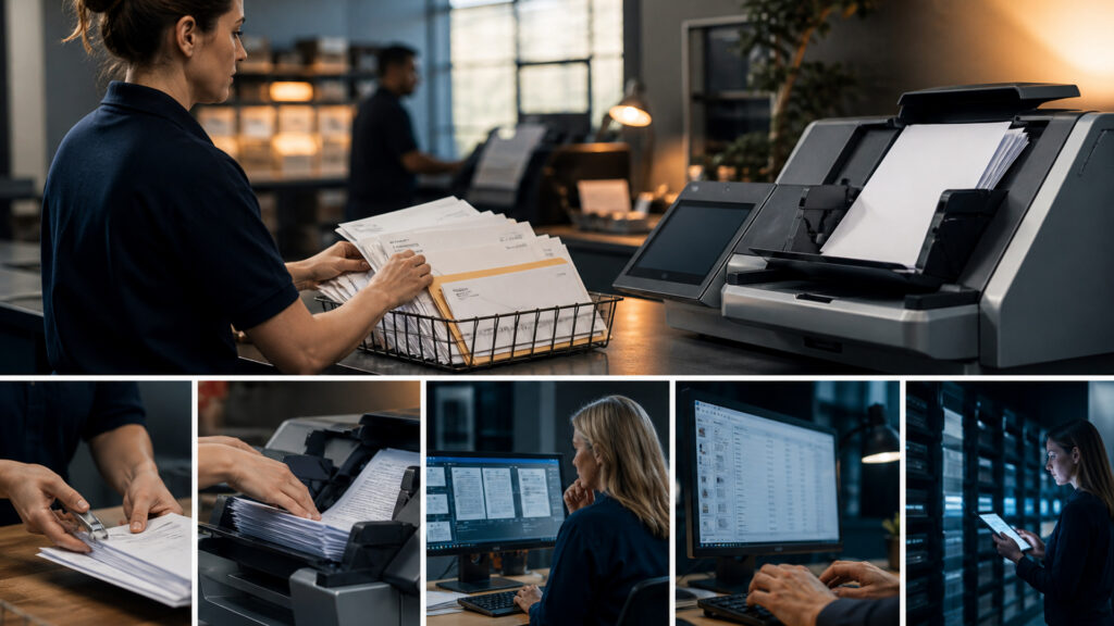 Editorial business scene illustrating sheetfed document scanners workflow role