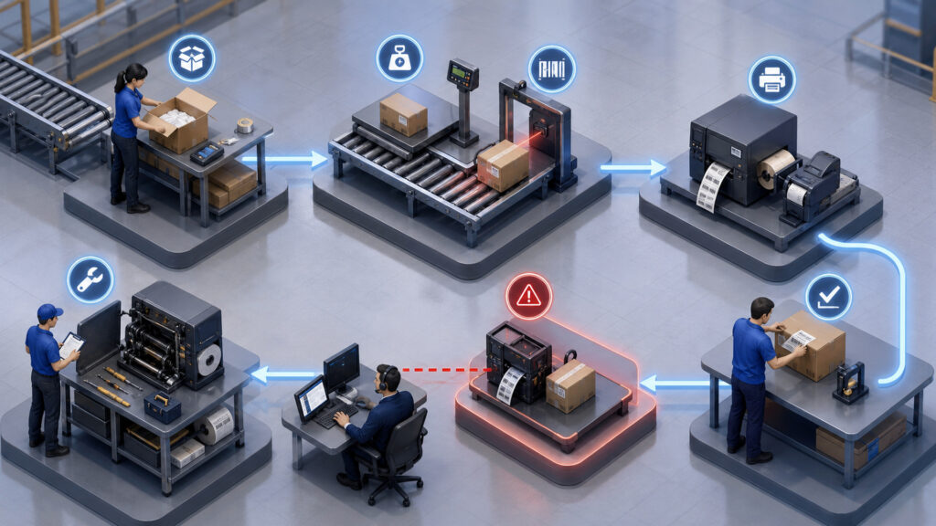 Editorial business scene illustrating shipping hardware workflow role