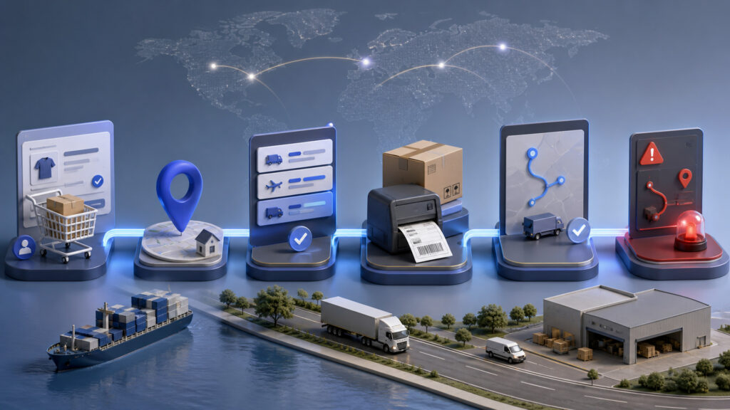 Editorial business scene illustrating shipping software data flow