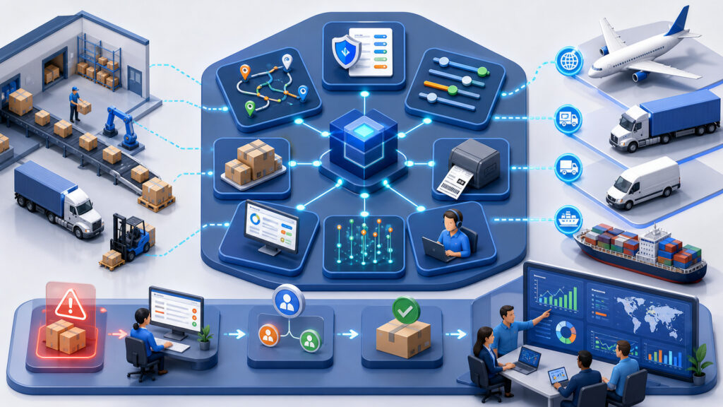 Editorial business scene illustrating shipping software operating model