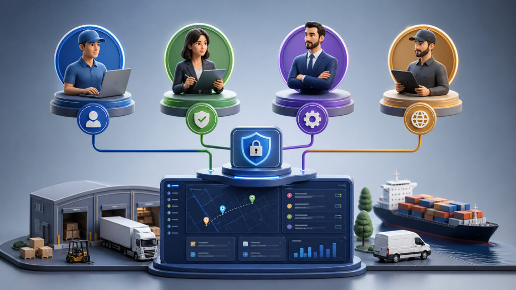 Editorial business scene illustrating shipping software permission structure