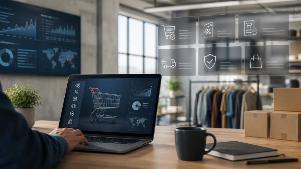 Editorial business scene illustrating shopping cart software operating model