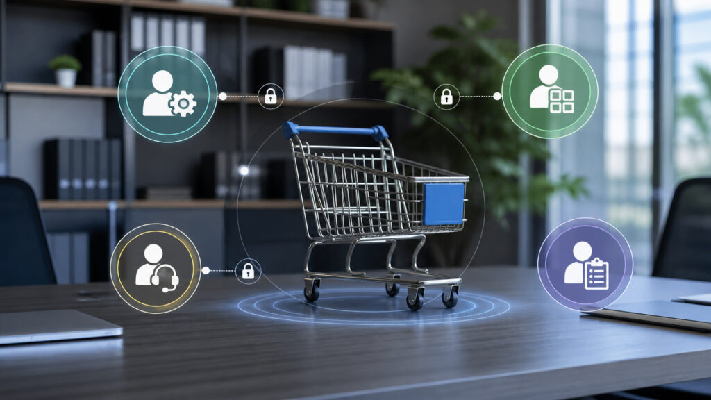 Editorial business scene illustrating shopping cart software permission structure