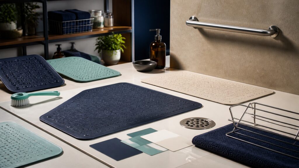 People-free editorial still life illustrating inspect clean seat test hold support bathe rinse lift dry clean and replace