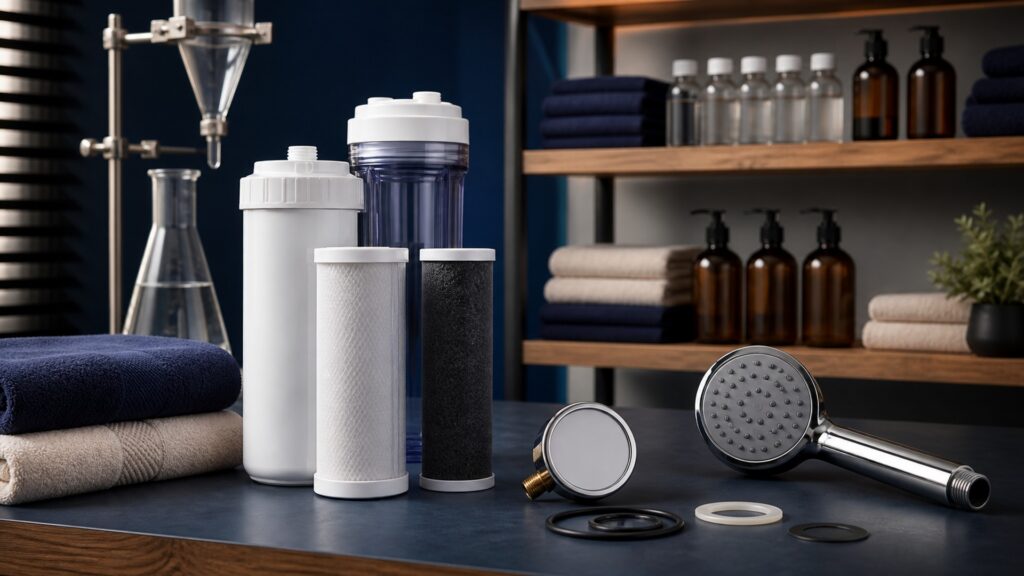 People-free editorial still life illustrating a shower filter may reduce specifically tested substances but is not a universal skin respiratory or drinking-water treatment
