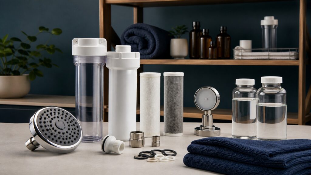 People-free editorial still life illustrating target substance certification hot-water compatibility flow pressure seal capacity replacement and before-after test