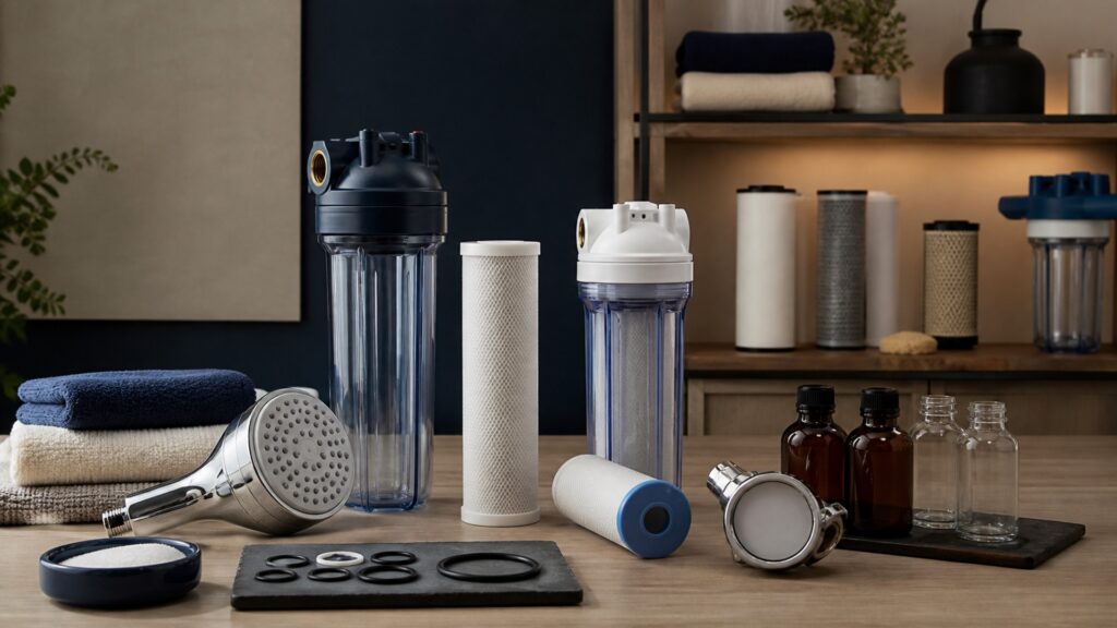 People-free editorial still life illustrating universal claims leaks scalding wrong cartridge microbial growth exhausted media potable-water assumptions and building hazards