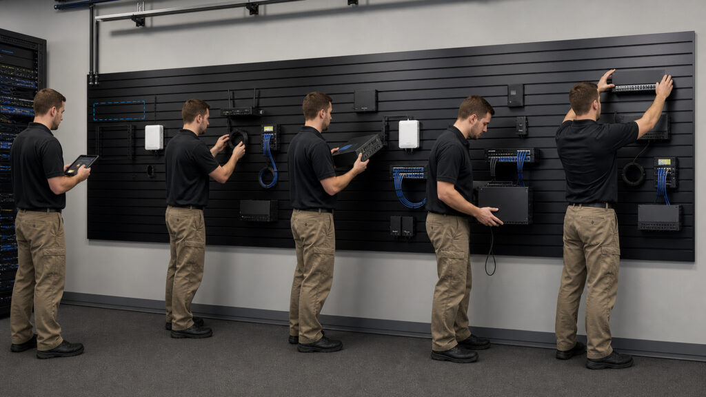 Editorial business scene illustrating slatwall display systems workflow role