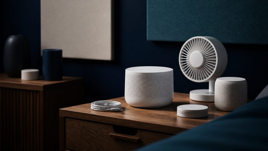People-free editorial still life illustrating environmental sound management and bedtime cueing within a sleep routine