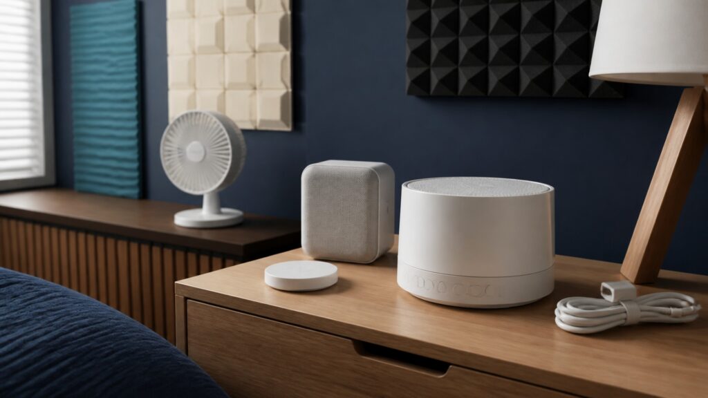 People-free editorial still life illustrating sound type volume distance spectrum timer room noise alarms sleep and hearing