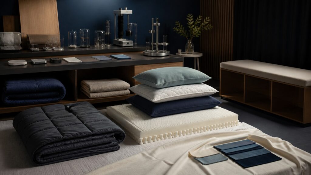 People-free editorial still life illustrating size loft firmness fill pressure temperature moisture movement and durability