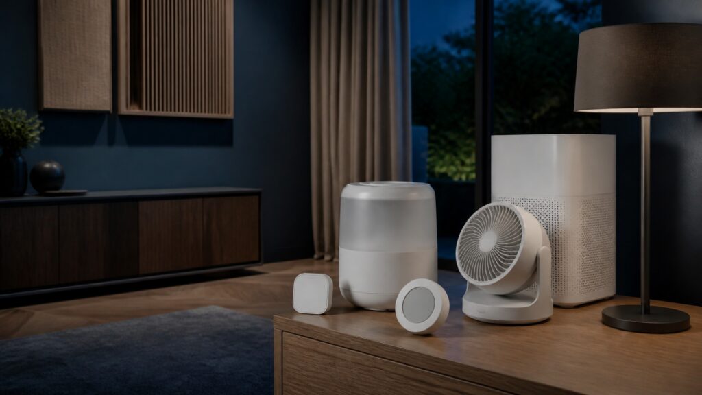 People-free editorial still life illustrating management of temperature humidity airflow light or noise in the sleep setting