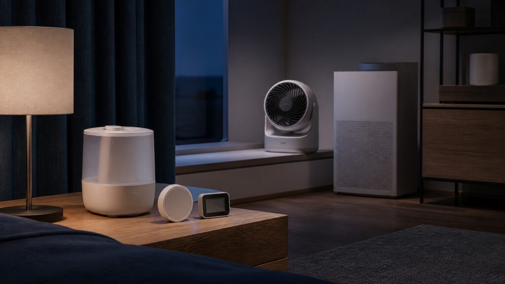 People-free editorial still life illustrating target variable sensor placement capacity room volume distribution runtime and stability