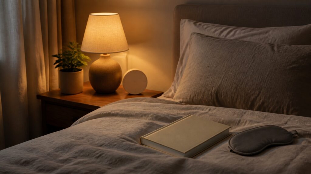 People-free editorial still life illustrating sleep hygiene