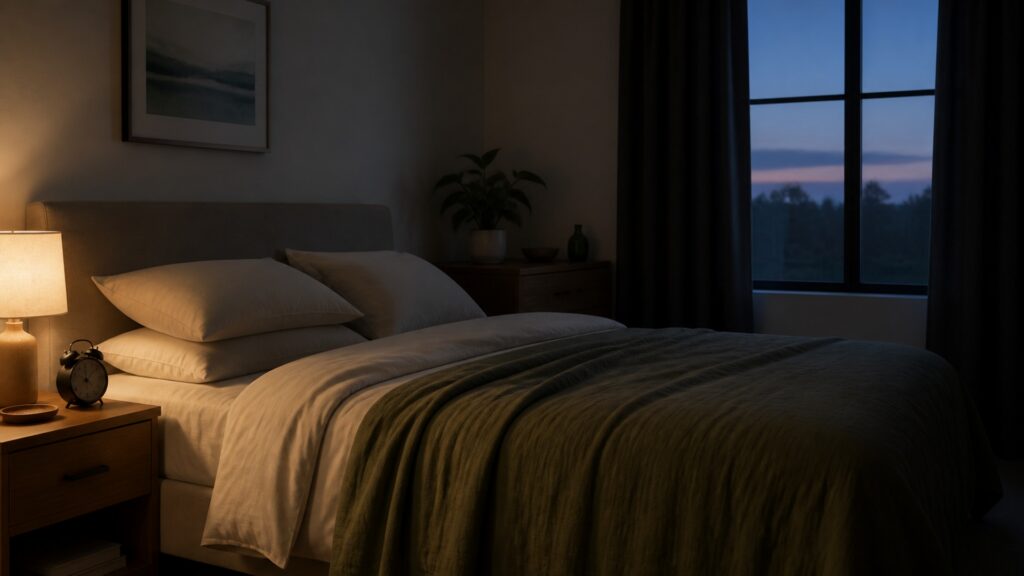 Empty calm bedroom with layered bedding, low warm lamp, dark curtains, and cool dawn light