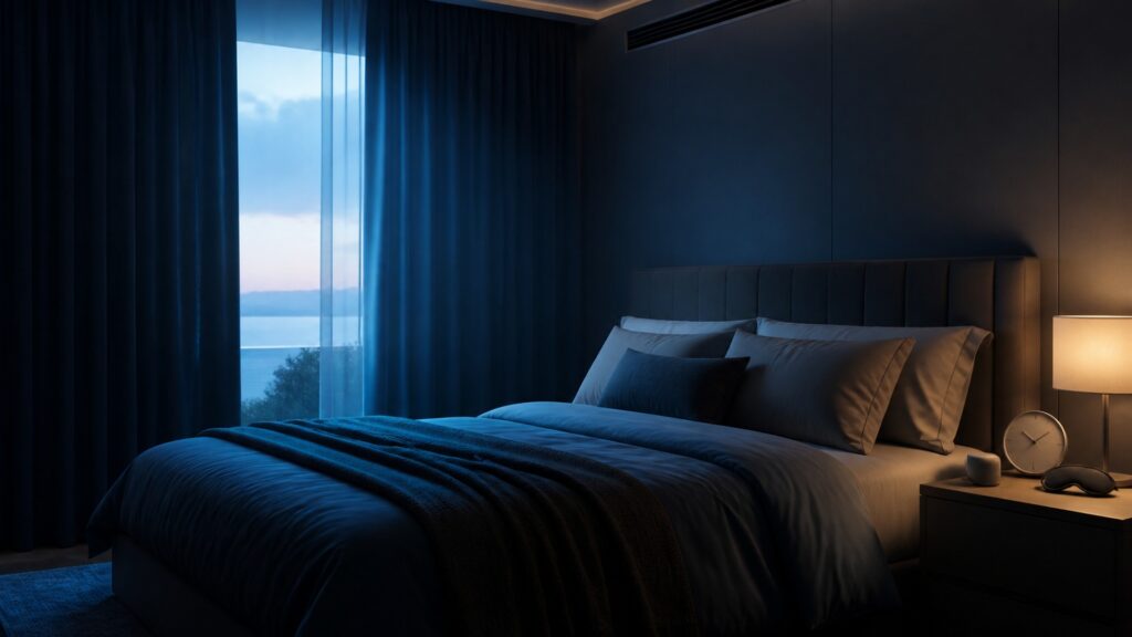 People-free empty bedroom with calm bedding, blackout curtain, cool temperature cue, soft dawn light, and blank sleep clock