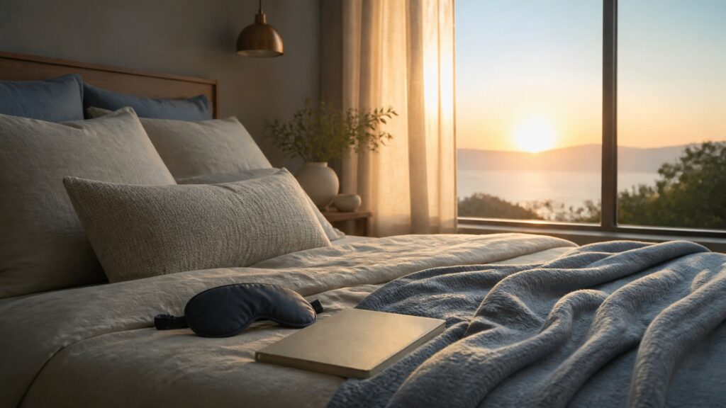 People-free editorial still life illustrating sleep recovery