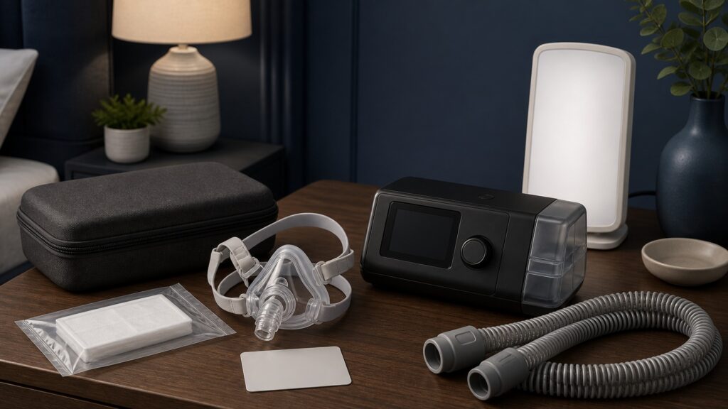 People-free editorial still life illustrating confirm inspect assemble set use monitor clean dry record and follow up cycle