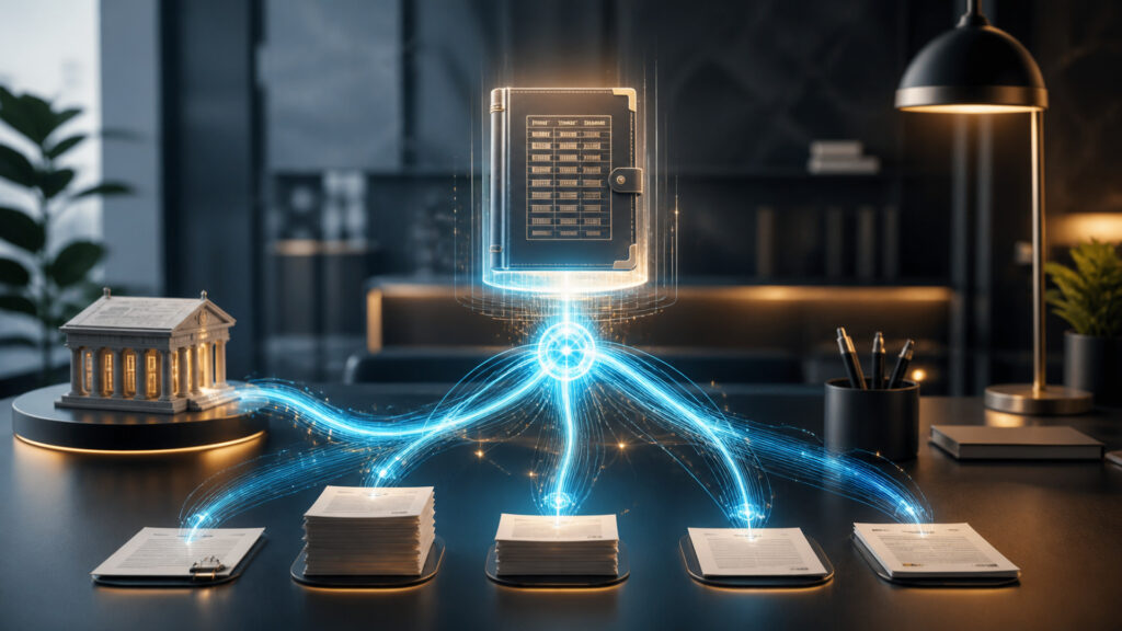 Editorial business scene illustrating small business accounting software data flow